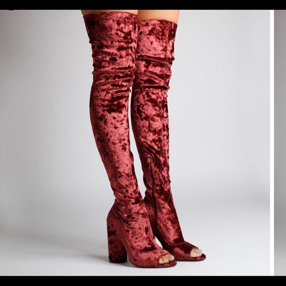 Velvet peep toe over the knee burgundy long boots - Picture 5 of 8